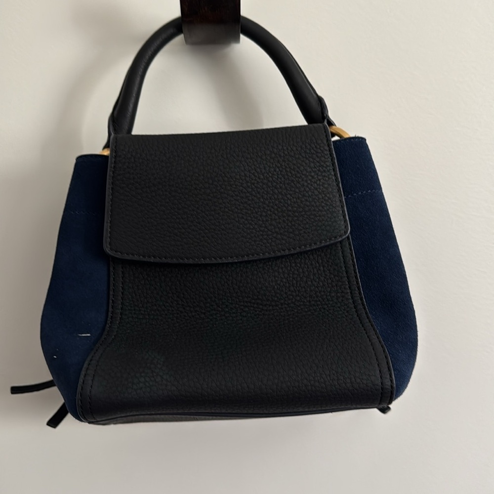 Tory Burch Half Moon Petite Mixed Material Satchel. Blue and Black. - Picture 2 of 13